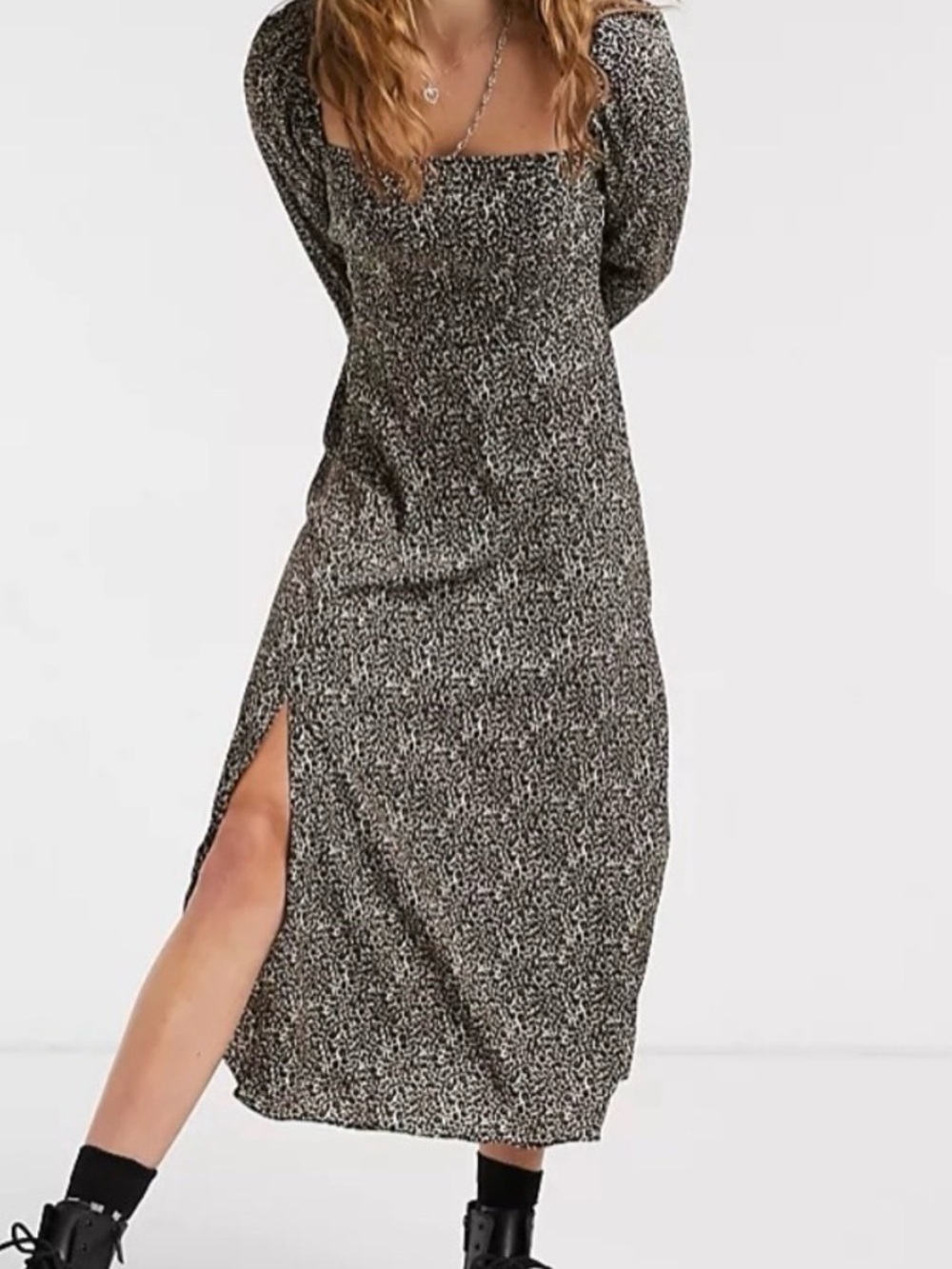 ASOS Long Sleeve Square Neck Midi Dress in Black Leopard Size 2 / XS